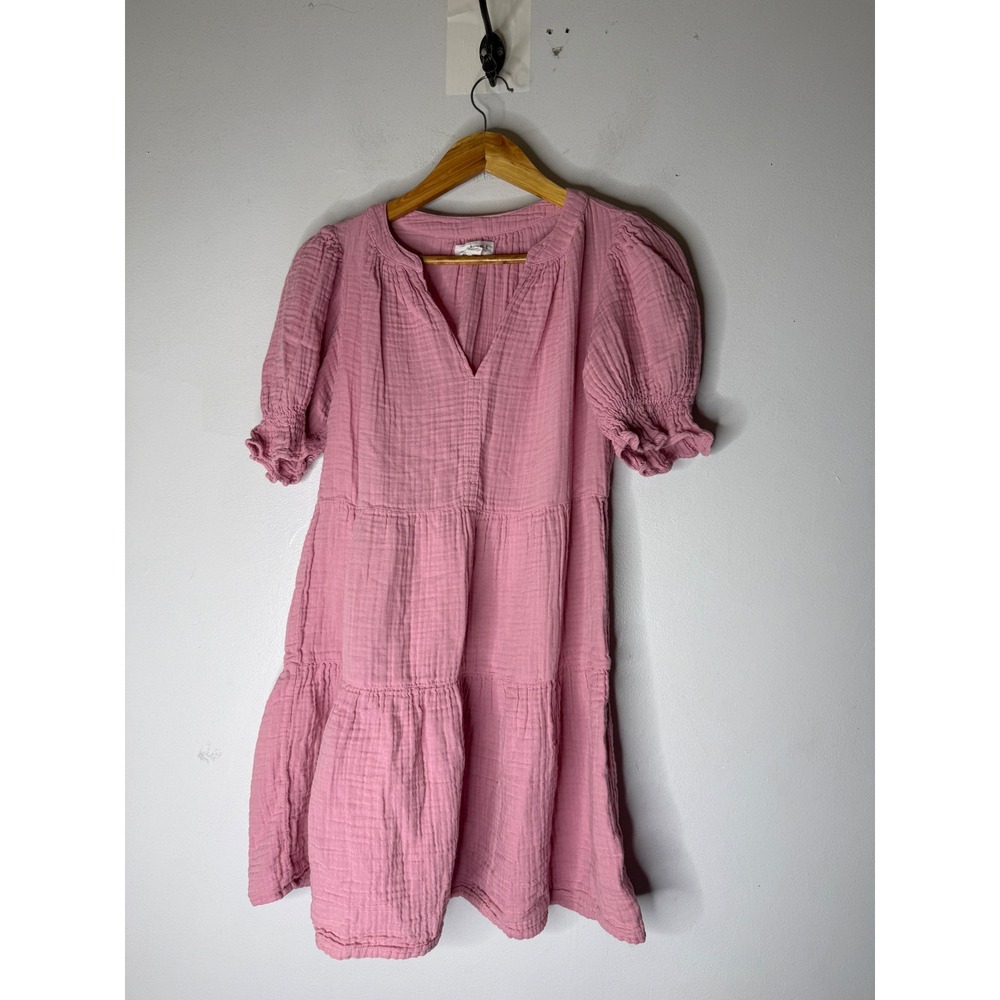 Velvet by Graham & Spencer Pink Cotton Gauze Split Neck mini dress XS USA Made